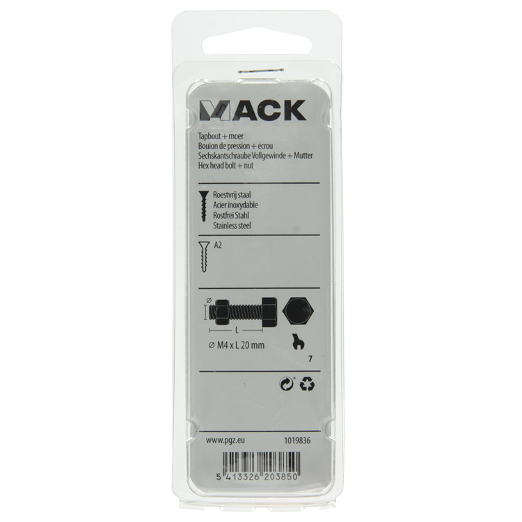 Afbeelding laden in galerijviewer, Mack 1019836 - tapbout + moer roestvrijstaal 10 st m4x20 | 10 stuks