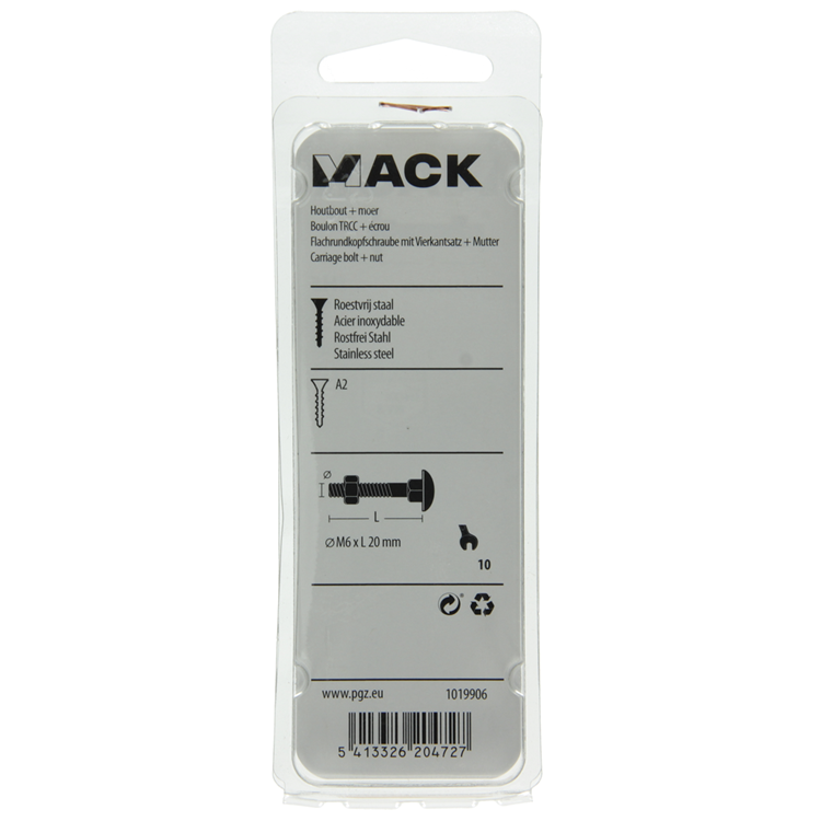 Afbeelding laden in galerijviewer, Mack 1019906 - houtbout + moer roestvrijstaal 6 st m6x20 mm | 10 stuks