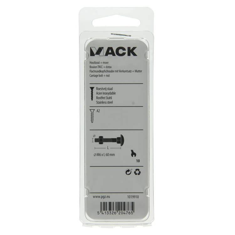 Afbeelding laden in galerijviewer, Mack 1019910 - houtbout + moer roestvrijstaal 2 st m6 x 60 mm | 10 stuks