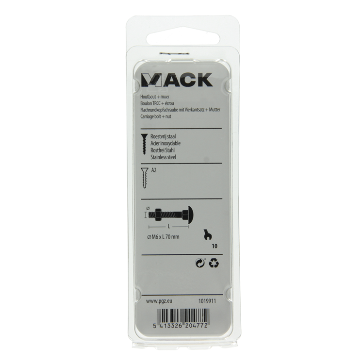 Afbeelding laden in galerijviewer, Mack 1019911 - houtbout + moer roestvrijstaal 2 st m6 x 70 mm | 10 stuks