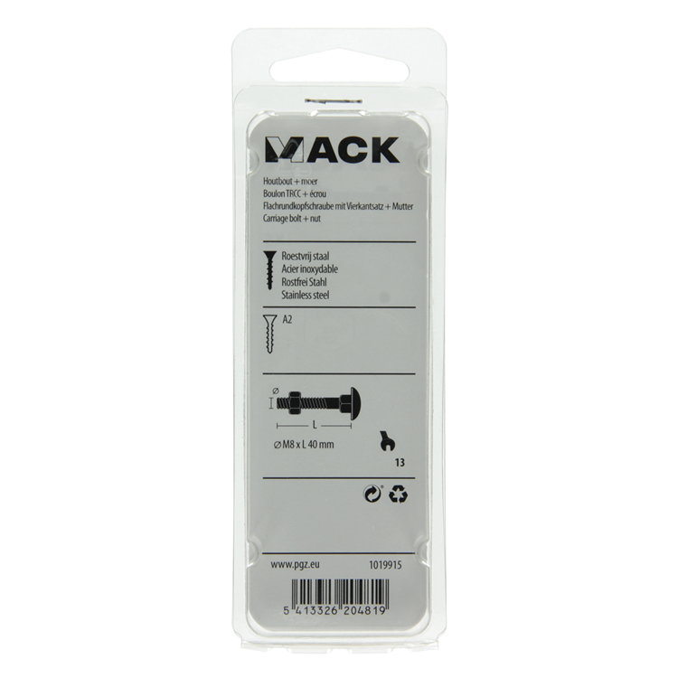 Afbeelding laden in galerijviewer, Mack 1019915 - houtbout + moer roestvrijstaal 4 st m8 x 40 mm | 5 stuks