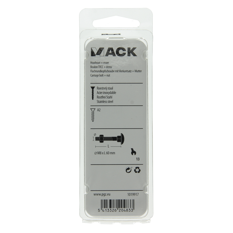 Afbeelding laden in galerijviewer, Mack 1019917 - houtbout + moer roestvrijstaal 3 st m8 x 60 mm | 5 stuks