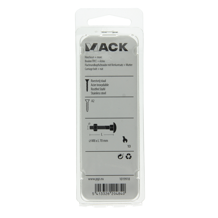 Afbeelding laden in galerijviewer, Mack 1019918 - houtbout + moer roestvrijstaal 2 st m8 x 70 mm | 5 stuks