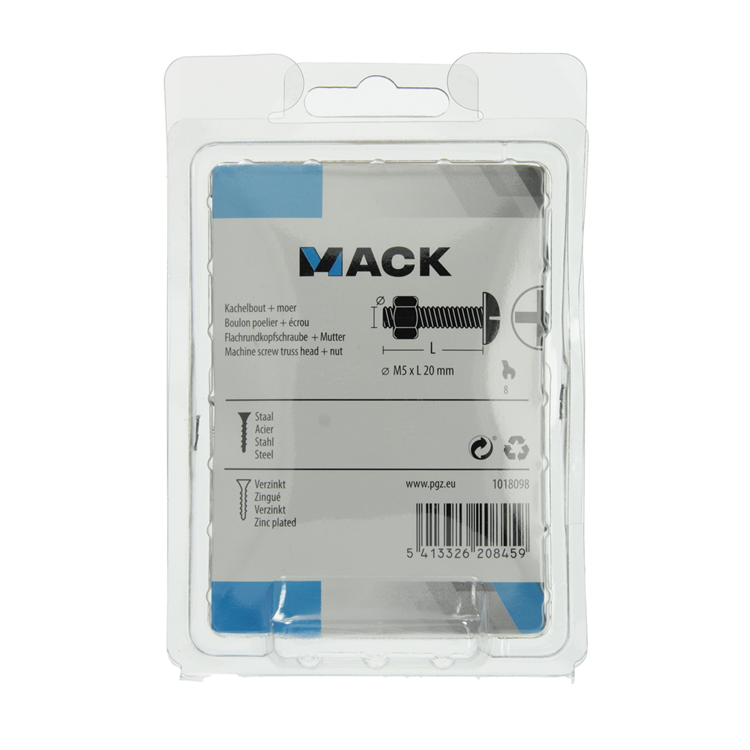 Afbeelding laden in galerijviewer, Mack 1018098 - kachelbout + moer staal verzinkt 5 st m5 x 20 mm | 5 stuks