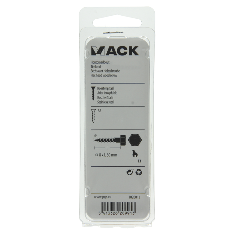 Afbeelding laden in galerijviewer, Mack 1020013 - houtdraadbout roestvrijstaal 7 st 8 x 60 mm | 5 stuks