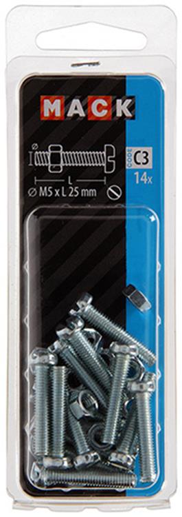 Afbeelding laden in galerijviewer, Mack 1017525 - metaalschroef cyl. kop + moer verz. 14 st m5 x 25 mm | 10 stuks
