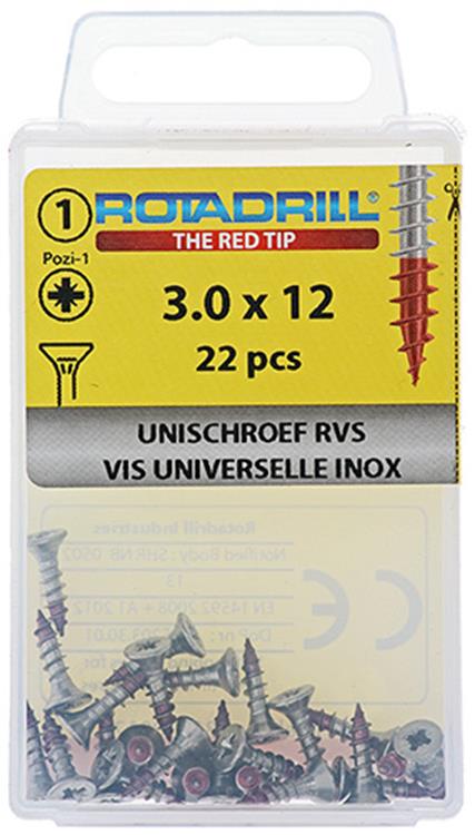 Afbeelding laden in galerijviewer, Rotadrill 1039847 - universeelschroef vk pzd rvs-a2 3.0x12mm (22) | 6 stuks