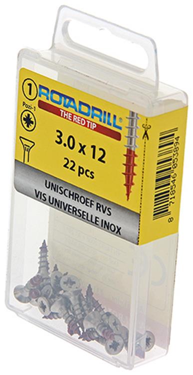 Afbeelding laden in galerijviewer, Rotadrill 1039847 - universeelschroef vk pzd rvs-a2 3.0x12mm (22) | 6 stuks