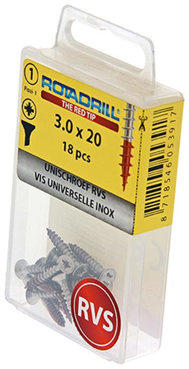 Afbeelding laden in galerijviewer, Rotadrill 1039849 - universeelschroef vk pzd rvs-a2 3.0x20mm (18) | 6 stuks