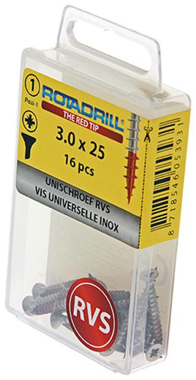 Afbeelding laden in galerijviewer, Rotadrill 1039850 - universeelschroef vk pzd rvs-a2 3.0x25mm (16) | 6 stuks