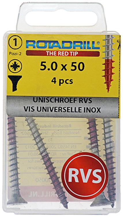 Afbeelding laden in galerijviewer, Rotadrill 1039861 - universeelschroef vk pzd rvs-a2 5.0x50mm (4) | 6 stuks