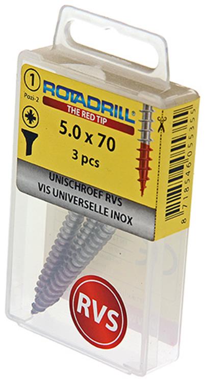 Afbeelding laden in galerijviewer, Rotadrill 1039863 - universeelschroef vk pzd rvs-a2 5.0x70mm (3) | 6 stuks