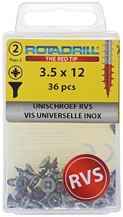 Afbeelding laden in galerijviewer, Rotadrill 1039864 - universeelschroef vk pzd rvs-a2 3.5x12mm (36) | 6 stuks