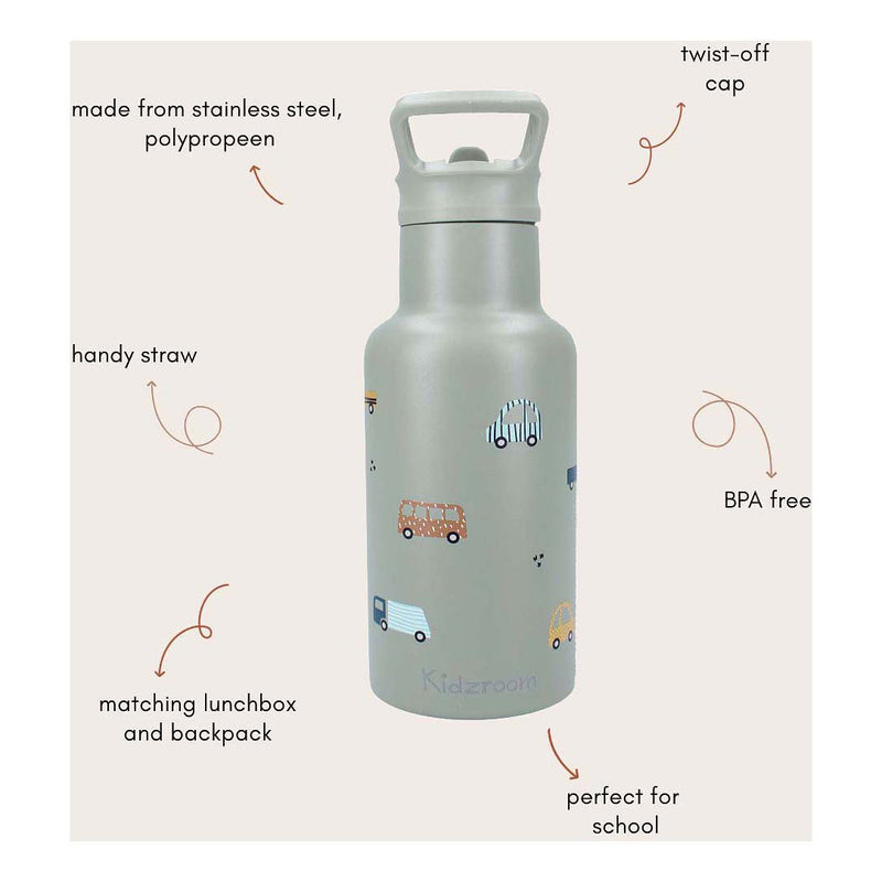 Afbeelding laden in galerijviewer, Kidzroom sweet cuddles - schoolbeker en drinkfles - 350ml - stainless steel - auto's - groen