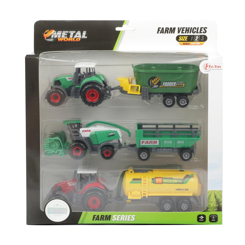 Afbeelding laden in galerijviewer, Toi-toys metal landbouw set 6-delig tractor + aanhanger 4 assorti
