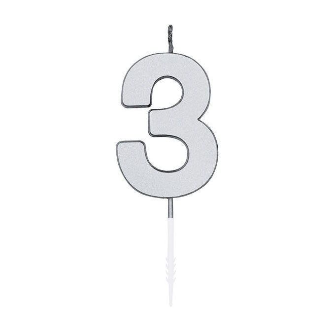 Laden Sie das Bild in Galerie -Viewer, Globos taartkaars 4,5cm metallic zilver no. 3