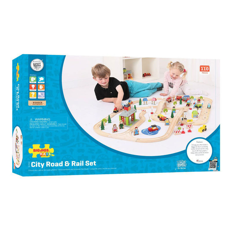 Load image into Gallery viewer, Bigjigs Houten Treinbaan en Autobaan Set, 105dlg.