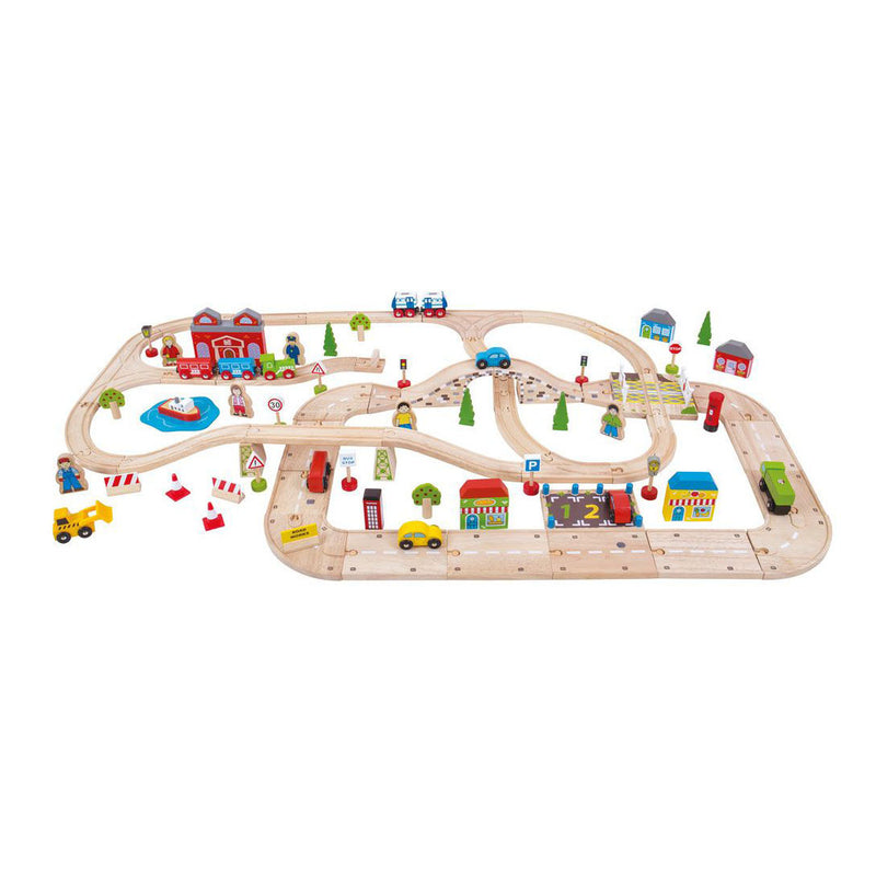 Load image into Gallery viewer, Bigjigs houten treinbaan en autoweg set, 105-delig