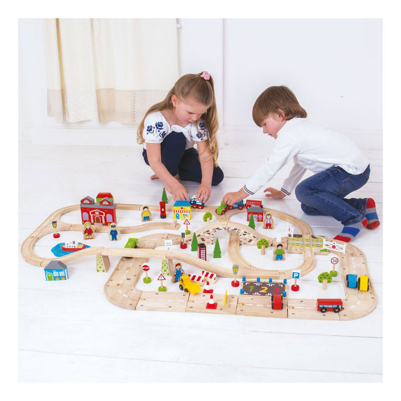Load image into Gallery viewer, Bigjigs houten treinbaan en autoweg set, 105-delig
