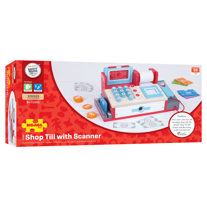 Load image into Gallery viewer, Bigjigs Houten Kassa met Scanner, 30dlg.