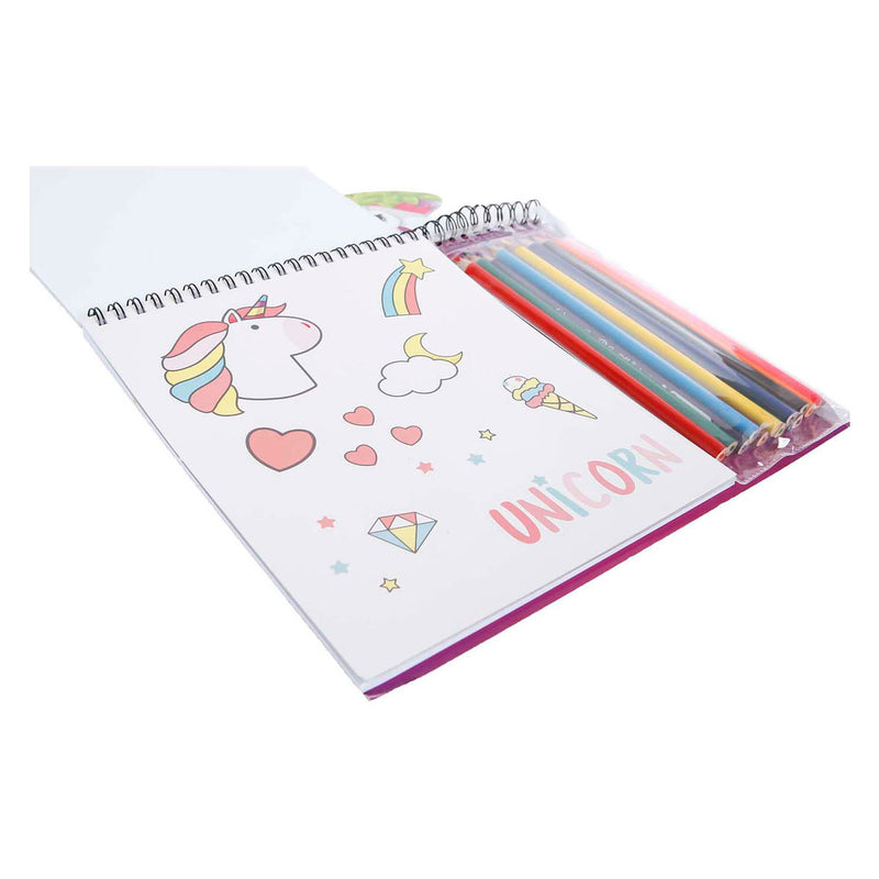 Load image into Gallery viewer, Eenhoorn kleurboek met 12 potloden, sjablonen en stickers