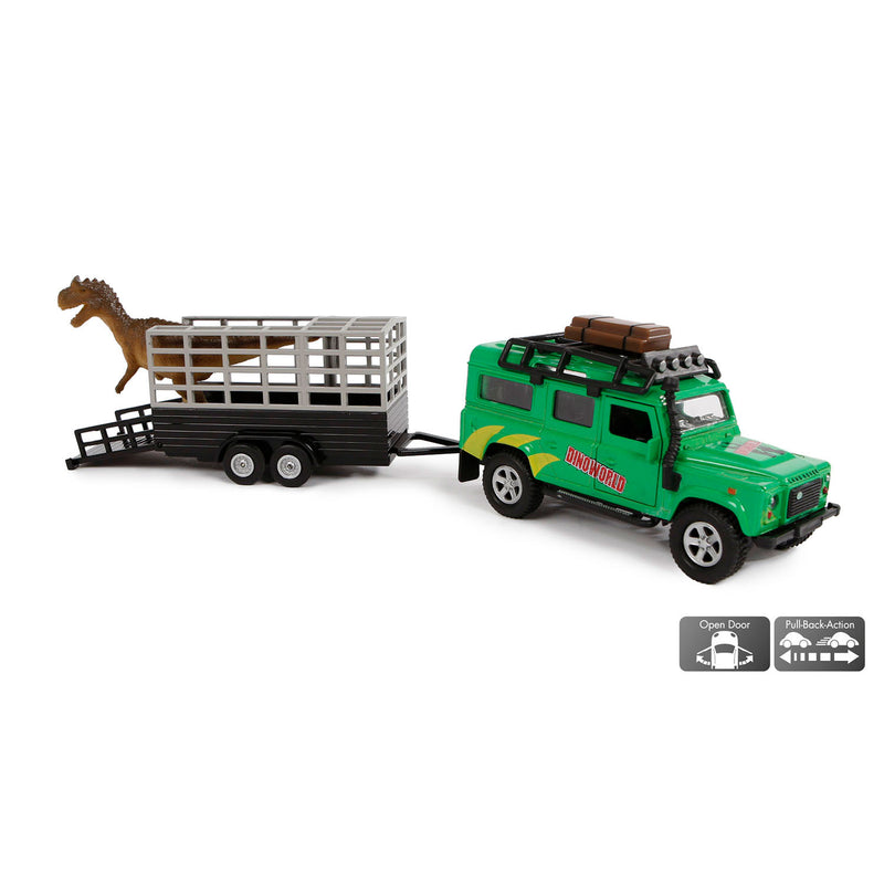 Afbeelding laden in galerijviewer, Kids globe die-cast land rover met dino-trailer, 29cm