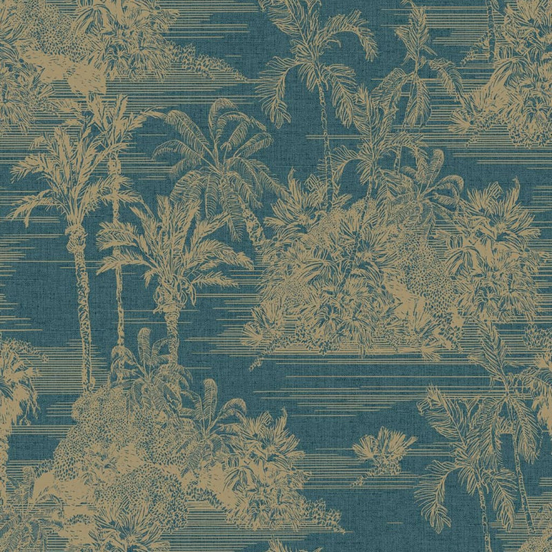 Load image into Gallery viewer, Dutch wallcoverings behang tropical donkerblauw en goudkleurig