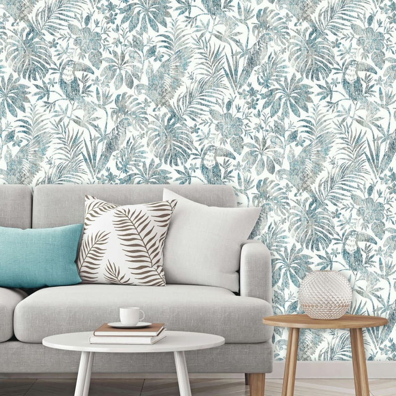 Load image into Gallery viewer, DUTCH WALLCOVERINGS DUTCH WALLCOVERINGS Behang bladeren en toekan blauw