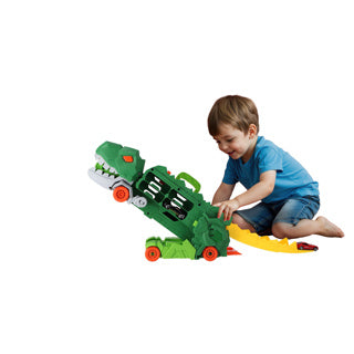 Afbeelding laden in galerijviewer, No brand kiddygo transporter dino speelgoed met 2 diecast auto's en racebaan.
