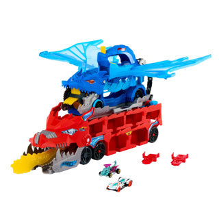 Afbeelding laden in galerijviewer, Hot wheels city - ultieme dubbele draak transportvoertuig en 2 speelgoedauto's