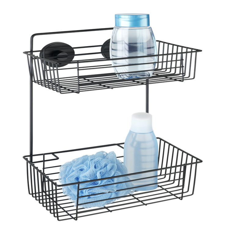 Afbeelding laden in galerijviewer, Wenko vacuum-loc wandrek 2-laags bari mat zwart 26x17x38cm - doucherek - douchemand - bevestigen zonder boren