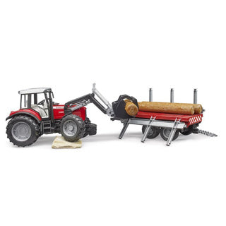 Afbeelding laden in galerijviewer, Bruder 2046 massey ferguson 7480 tractor met voorlader en houttransport trailer