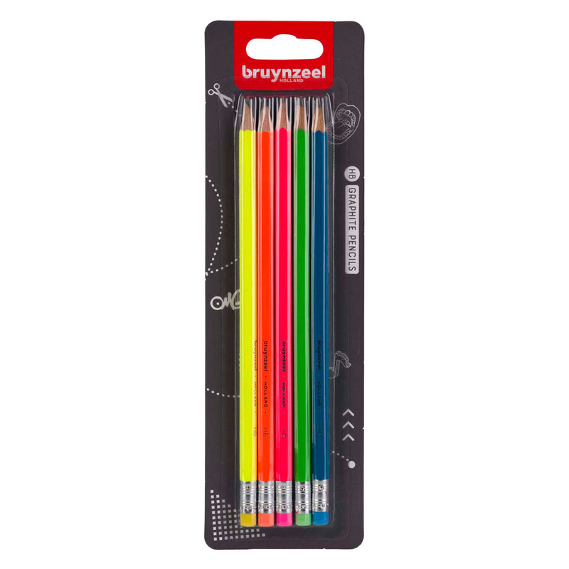 Load image into Gallery viewer, Bruynzeel grafietpotlodenset neon, 5 hb potloden met gum