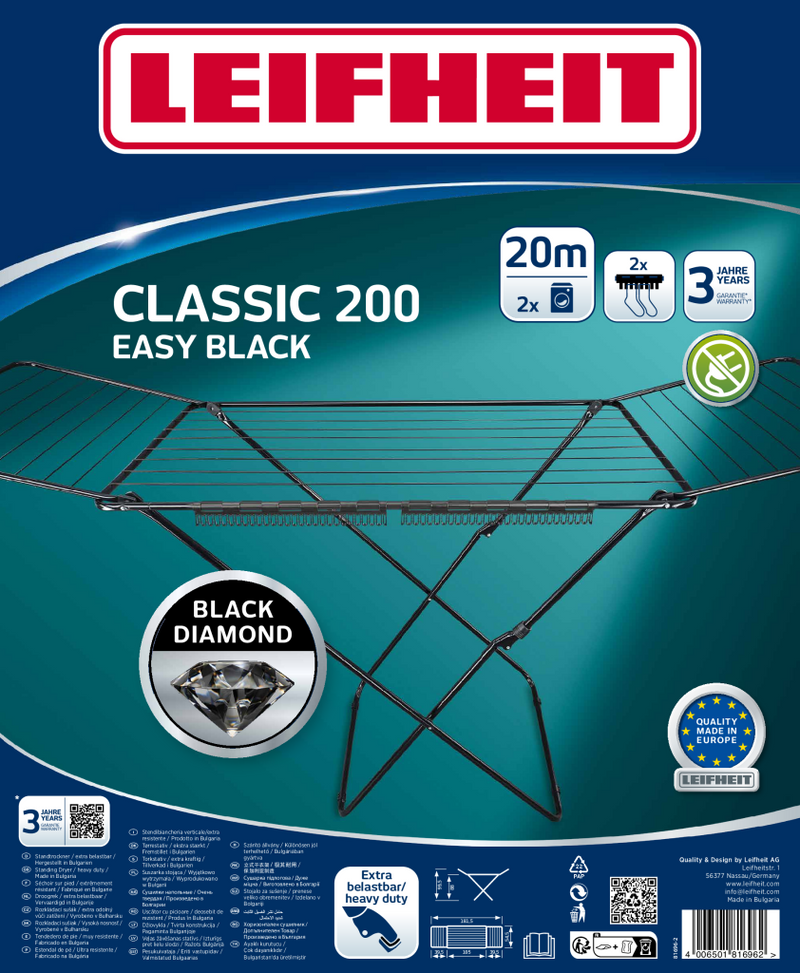 Afbeelding laden in galerijviewer, Leifheit droogrek classic 200 easy zwart