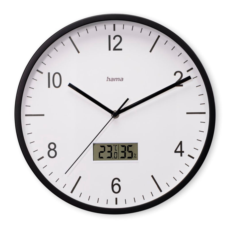 Load image into Gallery viewer, Hama dcf wandklok lanzarote tikt niet + thermometer en hygrometer 35 cm zwart wit