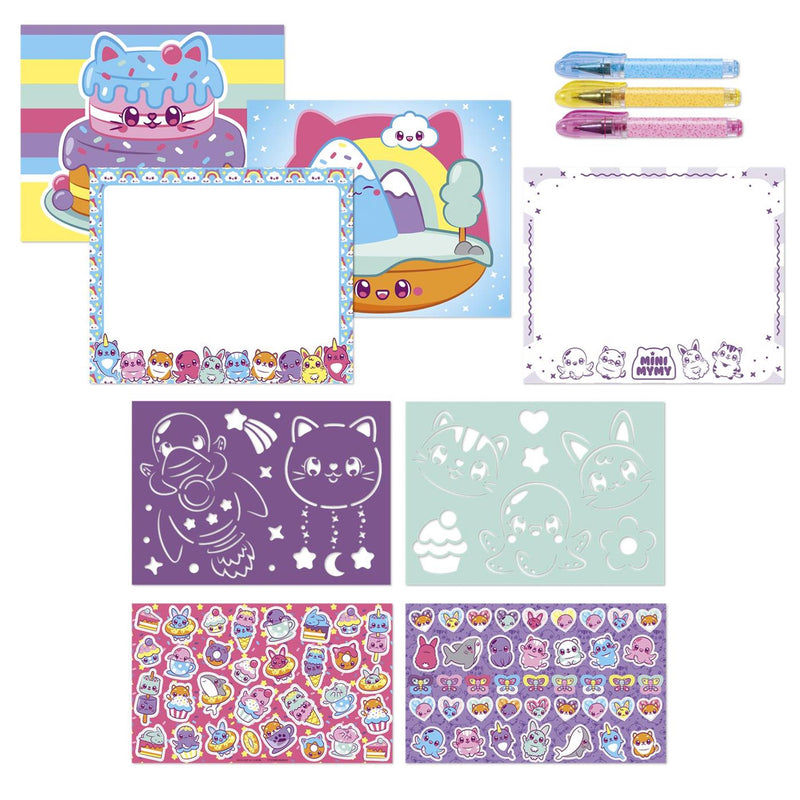 Cargue la imagen en el visor de la galería, Mini mymy totum kawaii dieren designer activiteiten, teken- schrijf en stickerboek incl. 3 gelpennen en sjablonen, 25-delige set, creatief speelgoed jongens en meisjes vanaf 3 jaar