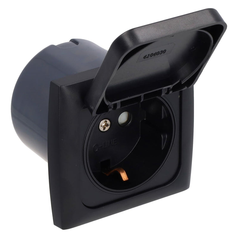 Cargue la imagen en el visor de la galería, C-line wandcontactdoos 230v met klapdeksel + opal afdekraam zwart