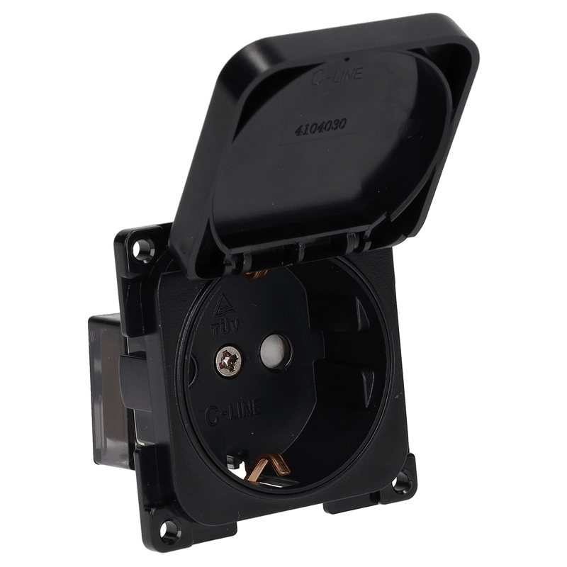 Cargue la imagen en el visor de la galería, C-line wandcontactdoos 230v met klapdeksel zwart