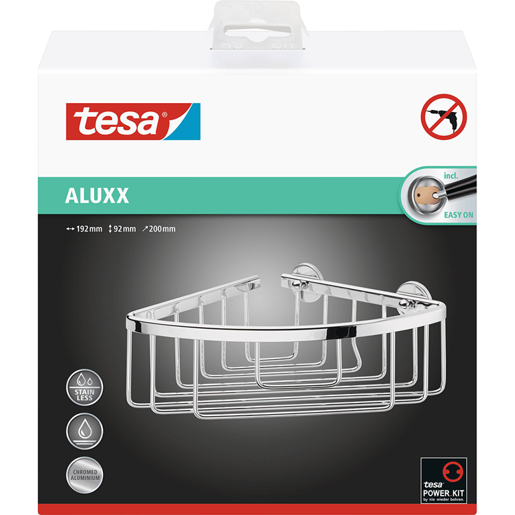 Afbeelding laden in galerijviewer, Tesa ® aluxx hoek douche- badmand, hoogglans verchroomd aluminium, zelfklevend