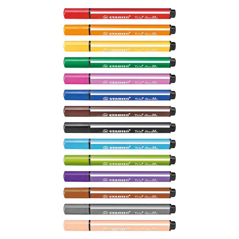 Afbeelding laden in galerijviewer, Stabilo trio scribbi - ergonomische viltstift - onverwoestbaar door meeverende schrijfpunt - etui met 14 kleuren