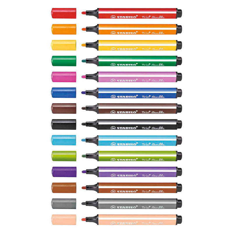 Afbeelding laden in galerijviewer, Stabilo trio scribbi - ergonomische viltstift - onverwoestbaar door meeverende schrijfpunt - etui met 14 kleuren