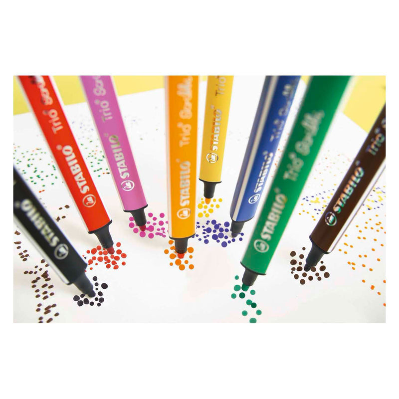 Afbeelding laden in galerijviewer, Stabilo trio scribbi - ergonomische viltstift - onverwoestbaar door meeverende schrijfpunt - etui met 14 kleuren