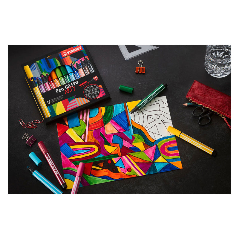 Load image into Gallery viewer, STABILO Pen 68 MAX ARTY Viltstift Met Dikke Beitelpuntetui 12 Kleuren