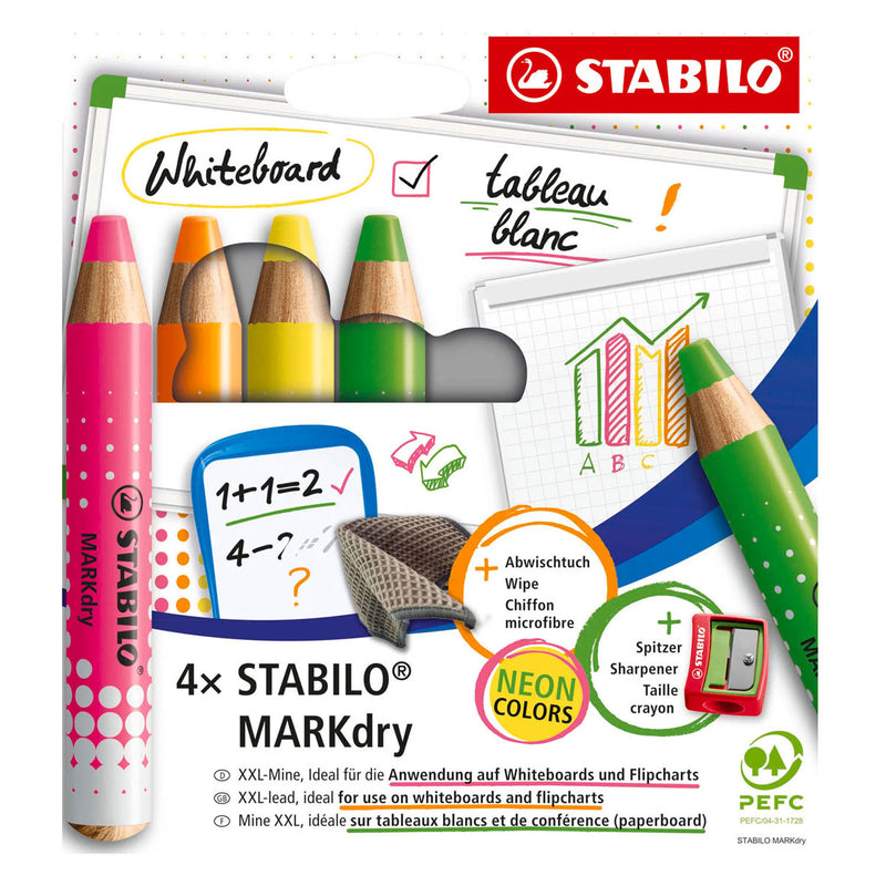 Afbeelding laden in galerijviewer, Stabilo markdry neon set van 4 whiteboard potloden, puntenslijper en reinigingsdoekje