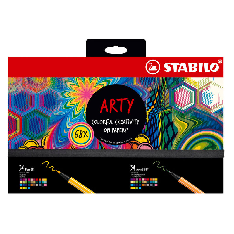 Afbeelding laden in galerijviewer, Stabilo point 88 pen 68 - creative arty mixed in luxe box - met 34 stuks point 88 fineliners en 34 stuks pen 68 viltstiften