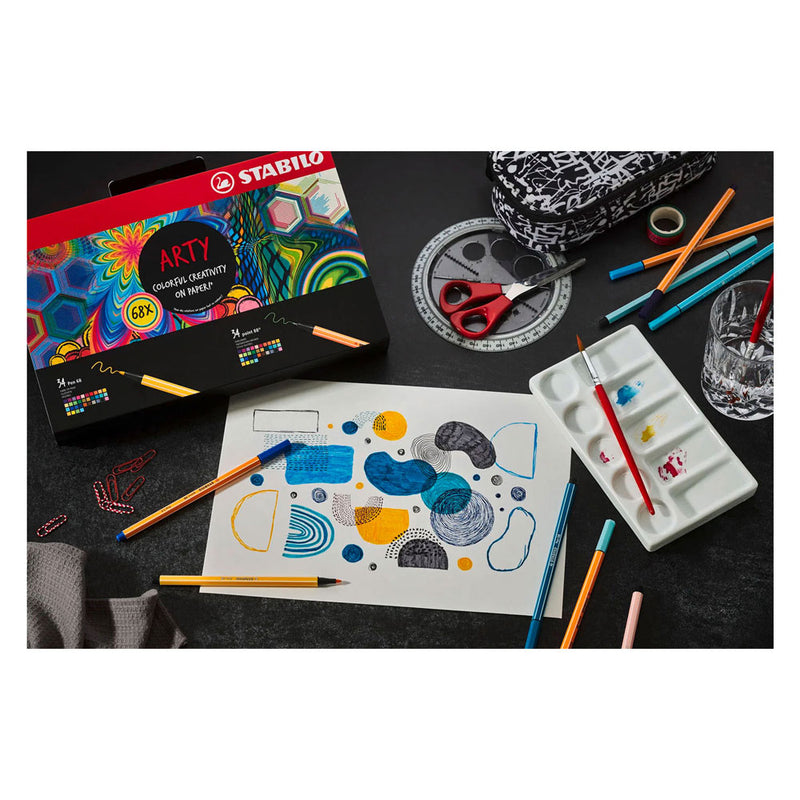Afbeelding laden in galerijviewer, Stabilo point 88 pen 68 - creative arty mixed in luxe box - met 34 stuks point 88 fineliners en 34 stuks pen 68 viltstiften