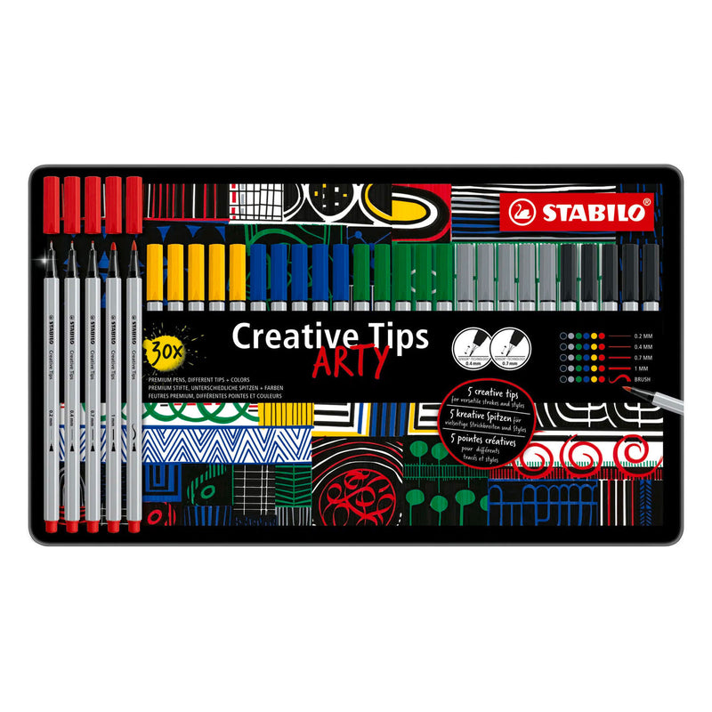 Afbeelding laden in galerijviewer, Stabilo creative tips arty pennen klassieke kleuren in metalen etui - 30dlg.