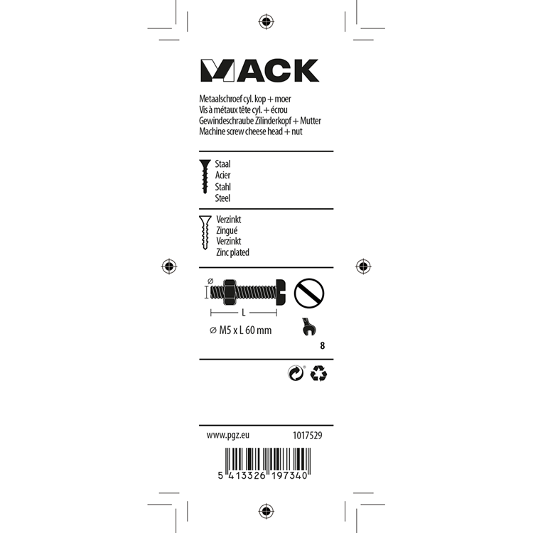 Afbeelding laden in galerijviewer, Mack 1017529 - metaalschroef cyl. kop + moer verz. 6 st m5 x 60 mm | 10 stuks