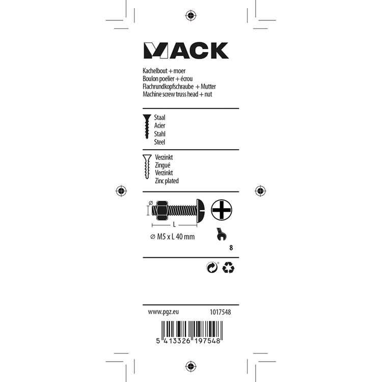 Afbeelding laden in galerijviewer, Mack 1017548 - kachelbout + moer staal verzinkt 10 st m5 x 40 mm | 5 stuks