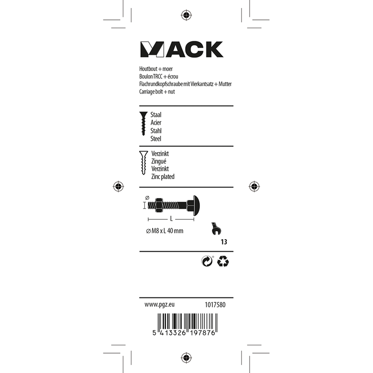 Afbeelding laden in galerijviewer, Mack 1017580 - houtbout + moer staal verzinkt5 st m8 x 40 mm | 5 stuks